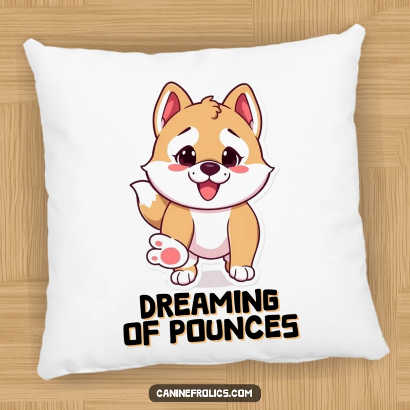 Funny pillow design of a dog with paws out, hilariously depicted as if about to pounce.