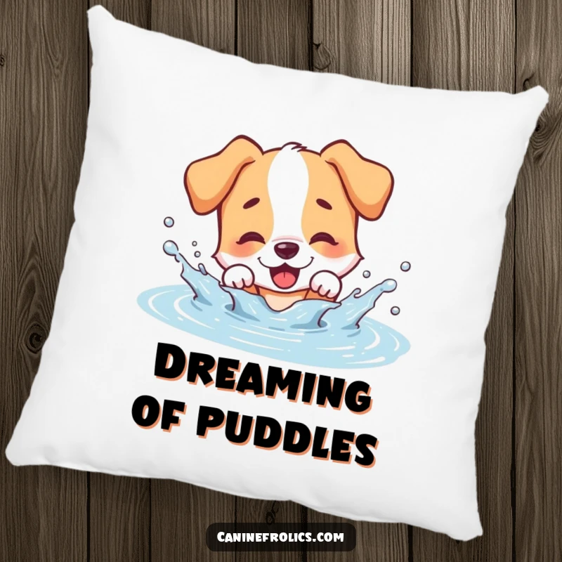 Funny dog pillow, a playful dog character joyfully splashing water in a puddle, soft and huggable wet dog delight.