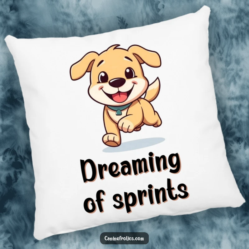 Funny pillow showcasing a dog character running with a happy grin and ears trailing, bringing a dynamic and cheerful vibe.