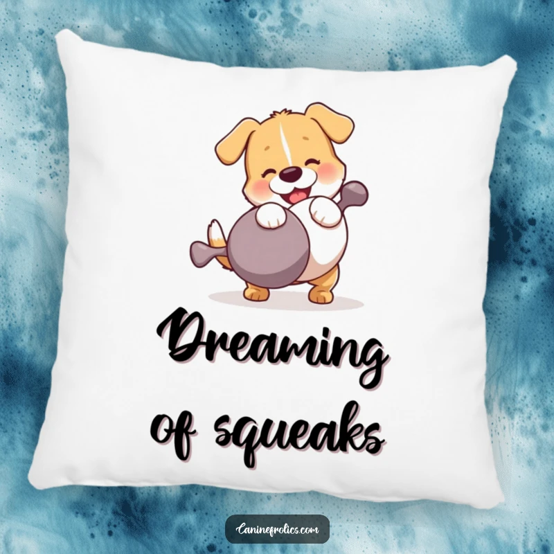 Funny Dog Pillow: A dog enthusiastically wrestling a cartoonishly large squeaky toy, conveying a sense of playful struggle and immense canine amusement.