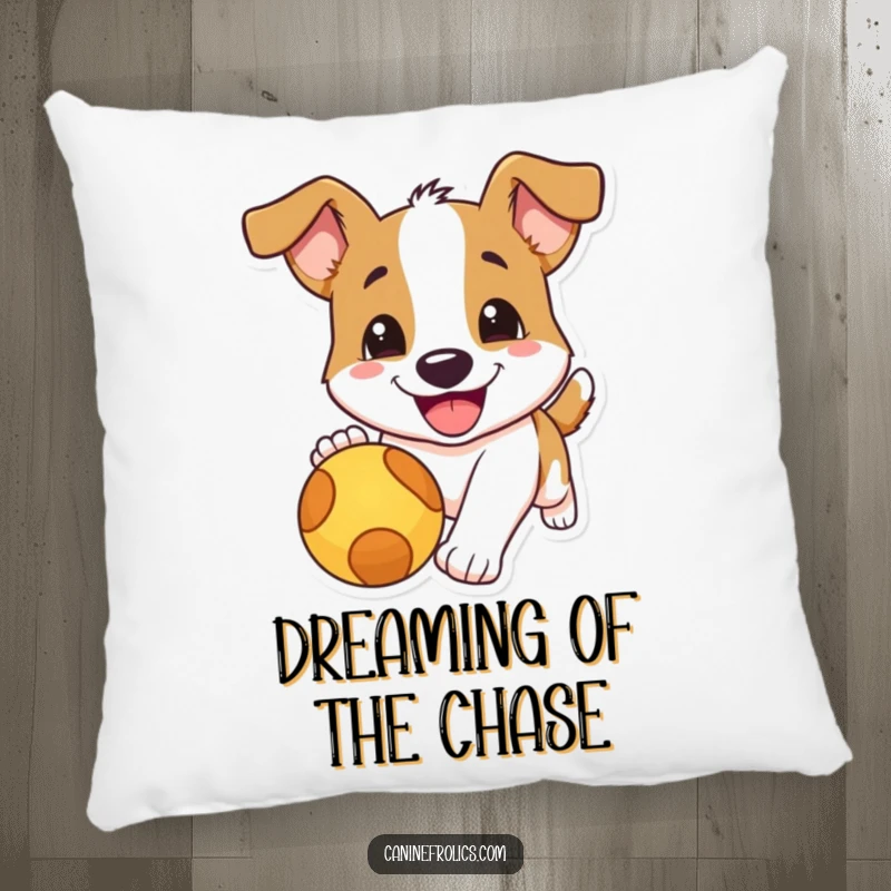 Funny dog pillow featuring a dog with a huge, joyful smile chasing a red ball, bringing comfort and humorous cheer.