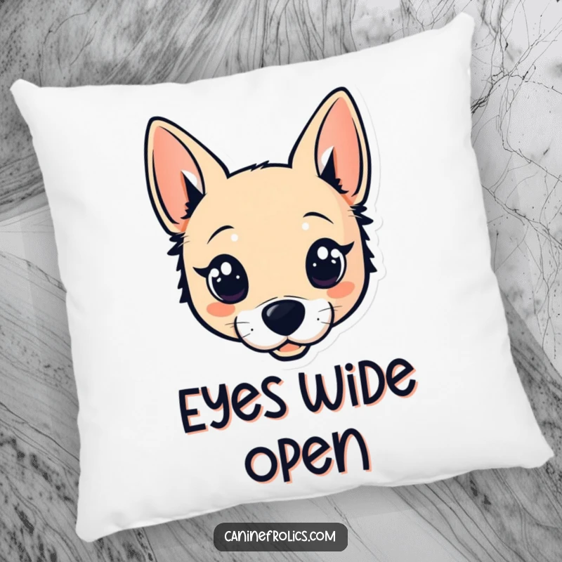 Funny pillow showcasing a stylized dog head with prominent, sparkling eyes and perky ears, bringing a cute and cozy vibe.