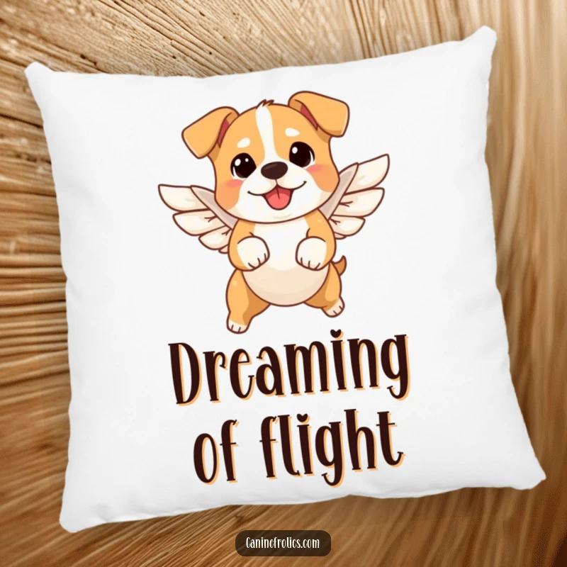 Funny angel dog pillow showcasing a small pup with tiny wings in a cheerful mid-air leap, perfect for adding humor and charm.