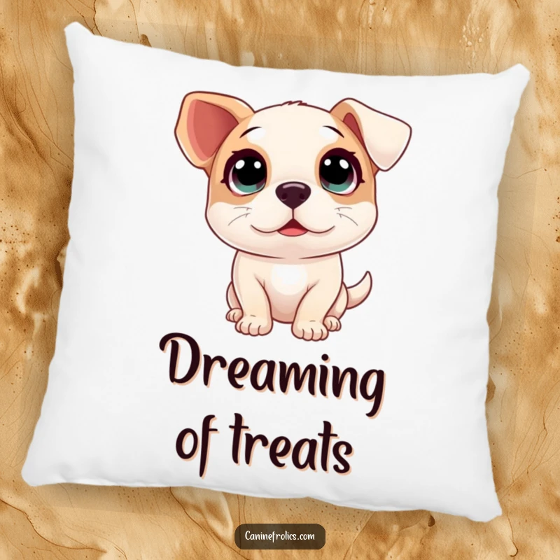 Funny pillow design of a dog with massive, innocent eyes looking up, radiating pure excitement.