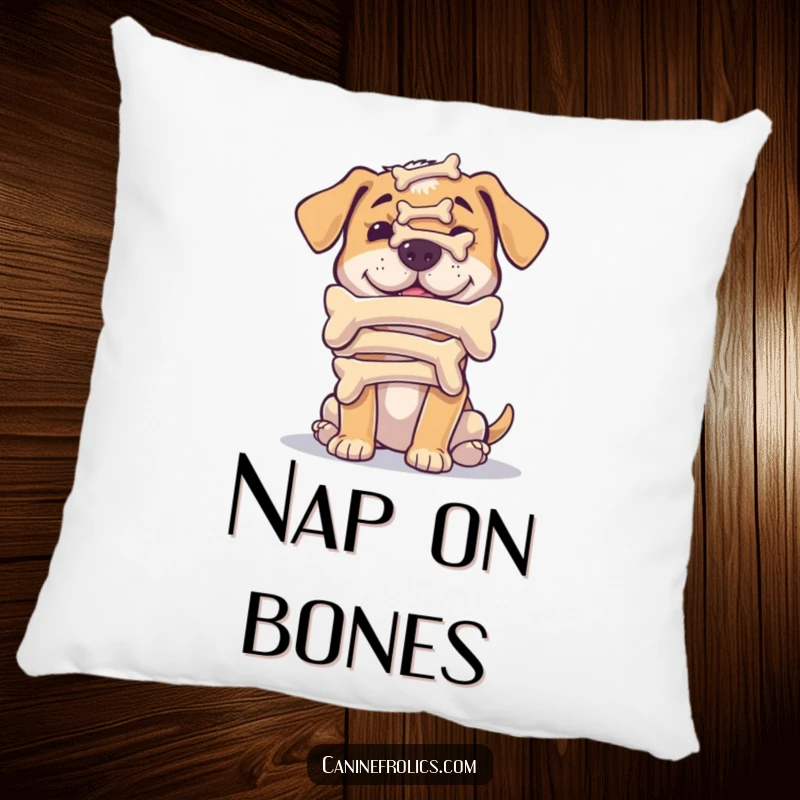 Funny pillow showing a dog humorously balancing a stack of bones on its nose, adding a touch of playful silliness.