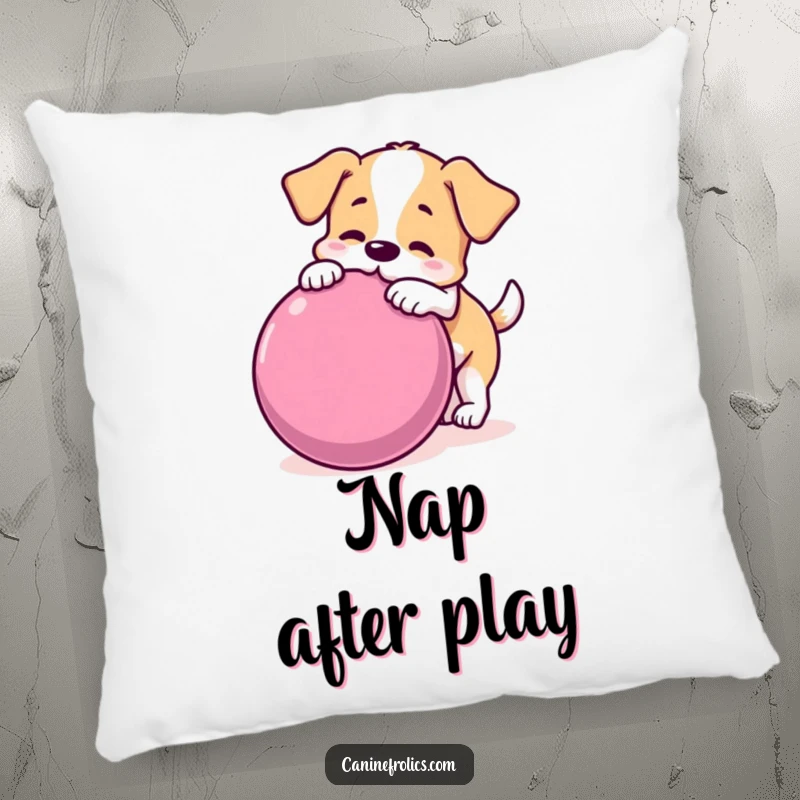 Funny dog pillow showing a playful dog nudging a large rolling ball, providing comfort and a humorous touch of fun.