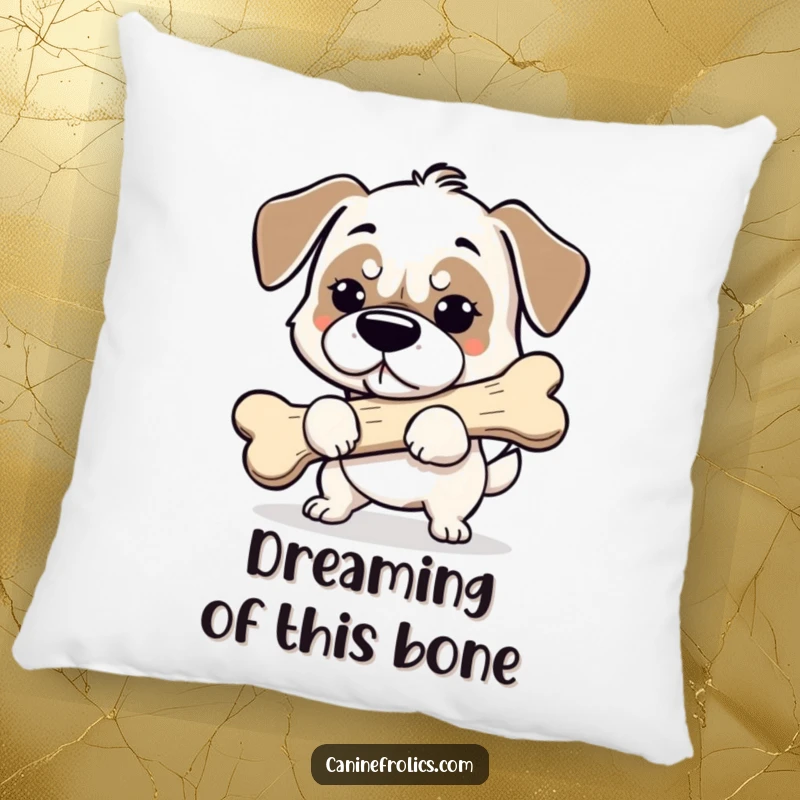 Funny dog pillow showing a determined dog holding a large bone, providing comfort and a humorous touch of focus.