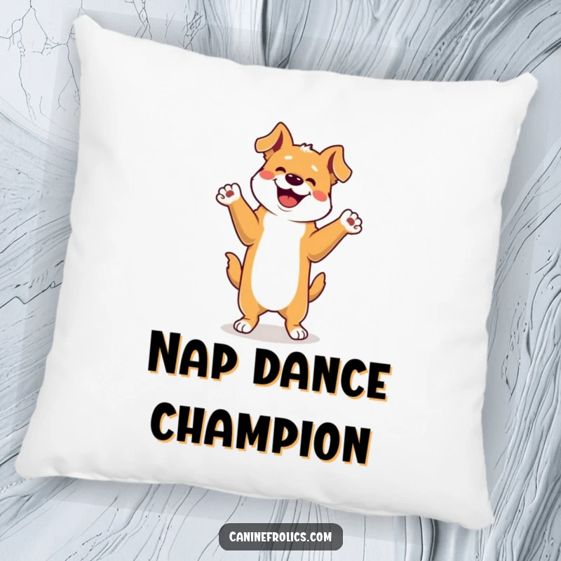Funny Dog Pillow: A dog enthusiastically doing a happy dance on its back legs, paws in the air, radiating pure, unbridled happiness and playful energy.
