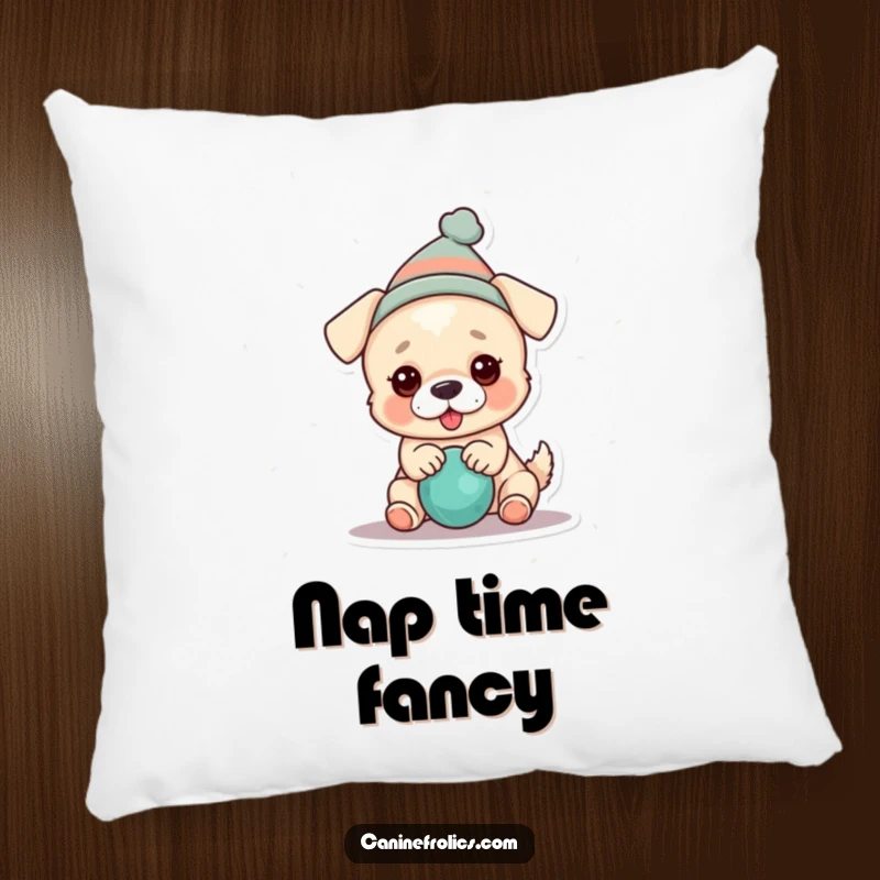 Funny dog pillow with a dog in a hat playing with a squeaky toy, bringing a sense of playful joy to any room.