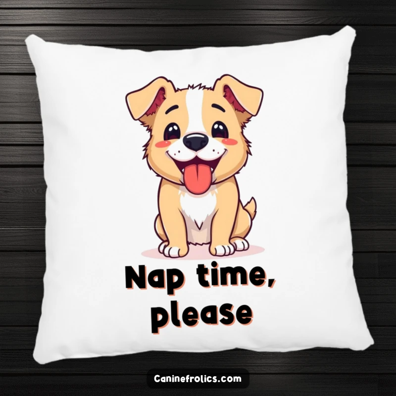 Funny pillow design of a dog panting happily, tongue lolling, with a relaxed expression, embodying sweet exhaustion and post-activity bliss.