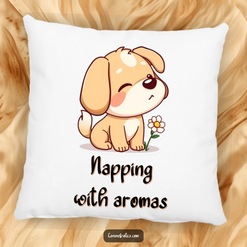 Funny pillow featuring a dog character with a wagging tail, curiously sniffing a flower, adding comforting and whimsical decor.