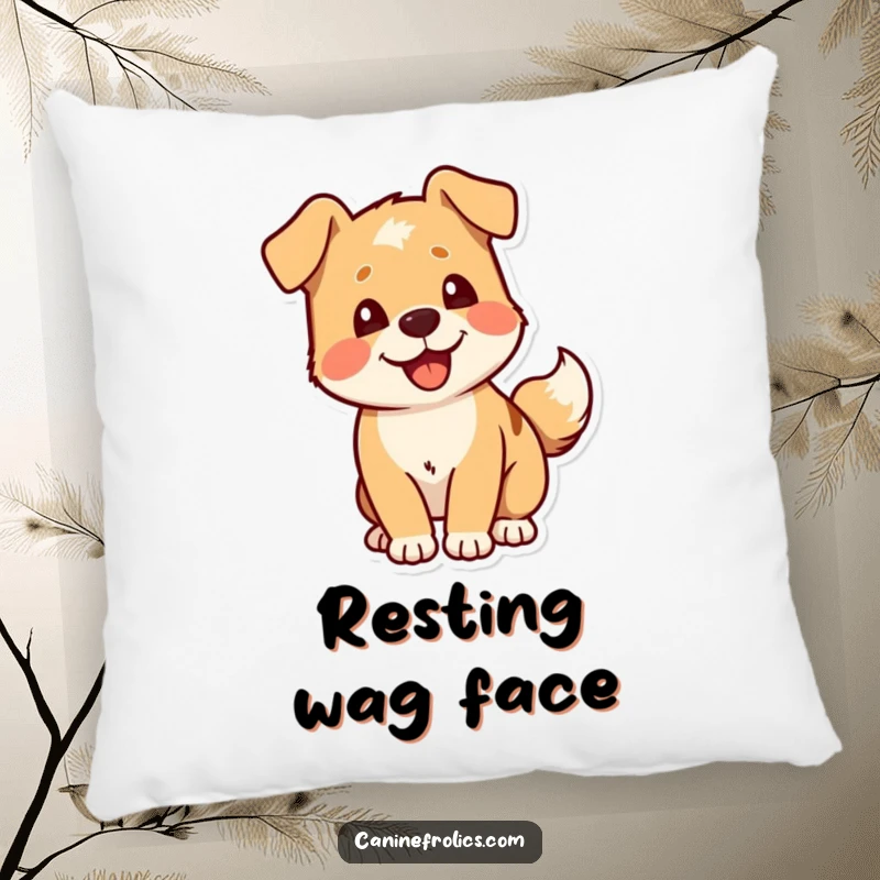 Funny Dog Pillow: A plush pillow featuring a dog character's tail wagging with pure delight, symbolizing happiness.