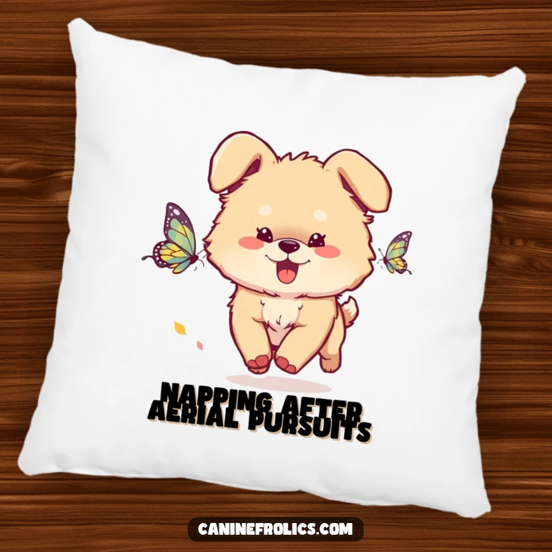 Funny Dog Pillow: A fluffy dog with ears flopping joyfully chases a butterfly, providing a soft and humorous decorative accent for any room.