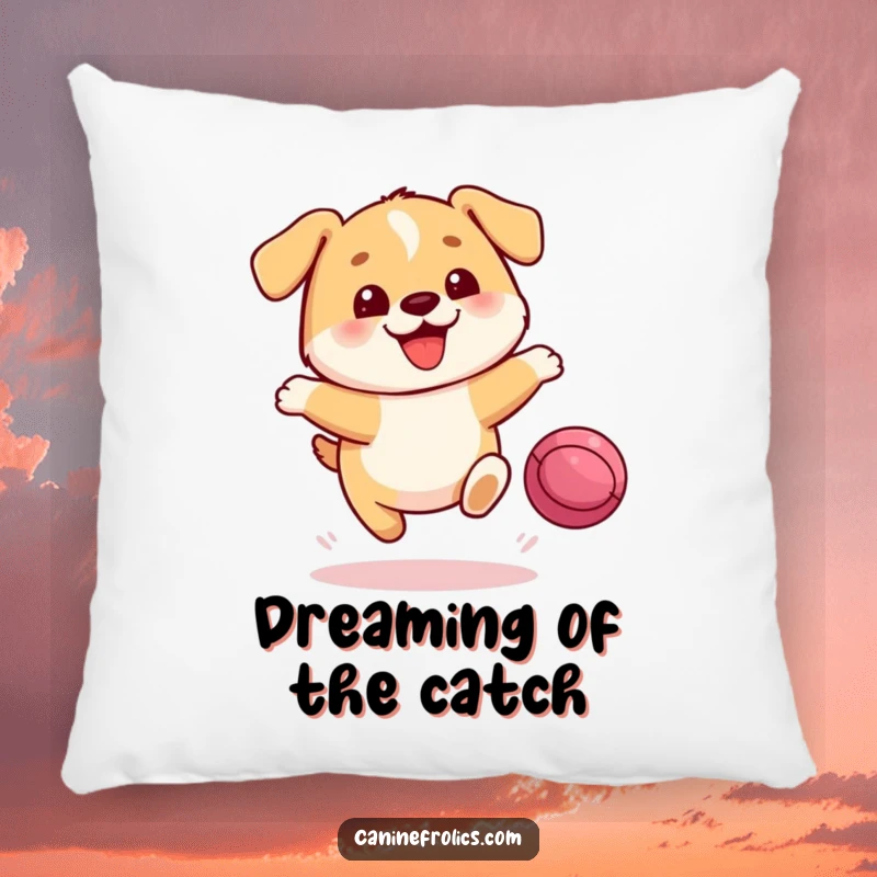 Funny Dog Pillow: A round, joyful dog character in mid-air, eagerly leaping towards a bouncing ball, offering comfort and cartoonish fun.
