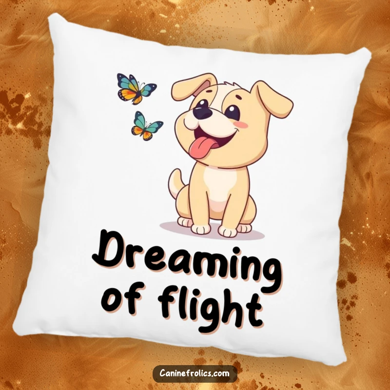 Funny dog pillow showing a happy dog with its tongue lolling out, blissfully chasing a butterfly, adding comfort and humor.