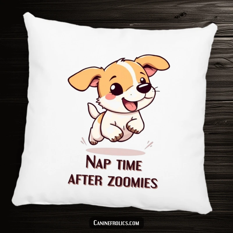 Funny dog pillow showing a dog with floppy ears flying mid-run, bringing comfort and humorous, unrestrained joy to any space.