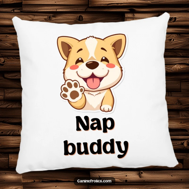Funny Pillow: A happy dog with an open mouth smile offers its paw, ready for a friendly touch. A soft and amusing decor piece.
