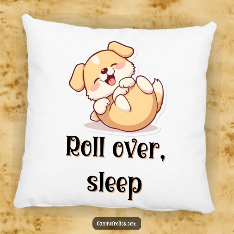 Funny pillow design of a dog joyfully rolling on its back, radiating pure happiness and relaxation.