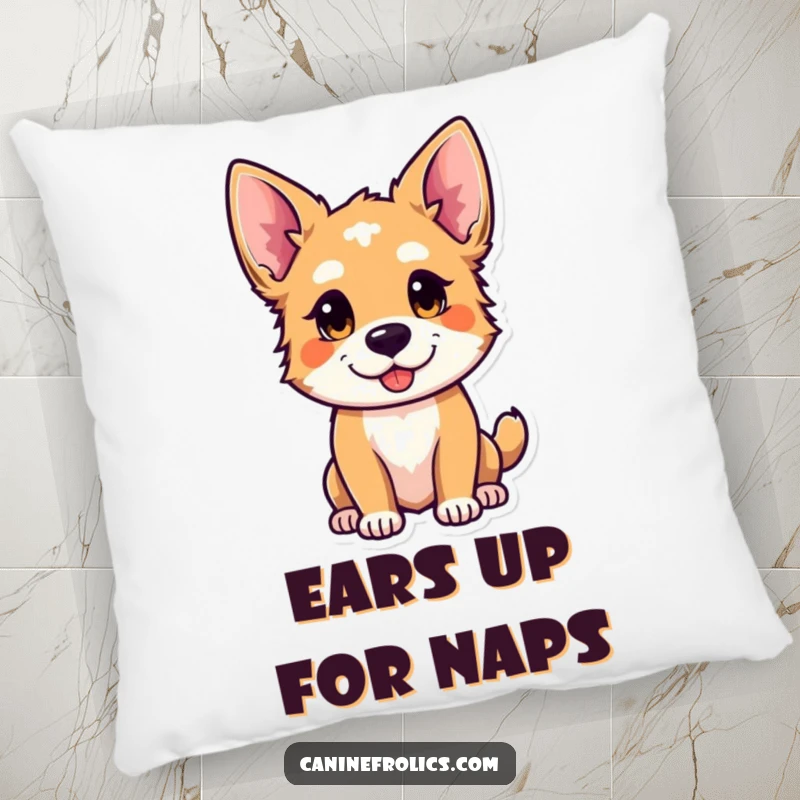 Funny throw pillow showing a curious dog with ears perked, looking playful, offering comfort with a side of intrigue.