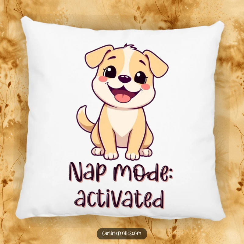 Funny pillow featuring a cute dog's face with a wide, happy grin and a suggestion of a wagging tail, offering comfort and cheer.