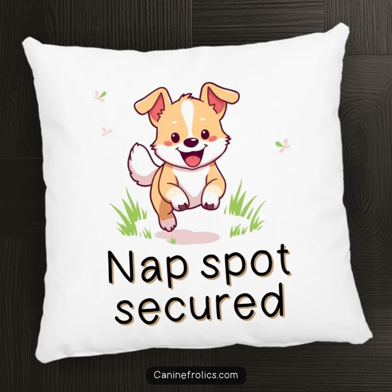 Funny Dog Pillow: Cheerful dog character joyfully bounding across a green grassy field, bringing warmth and humor.