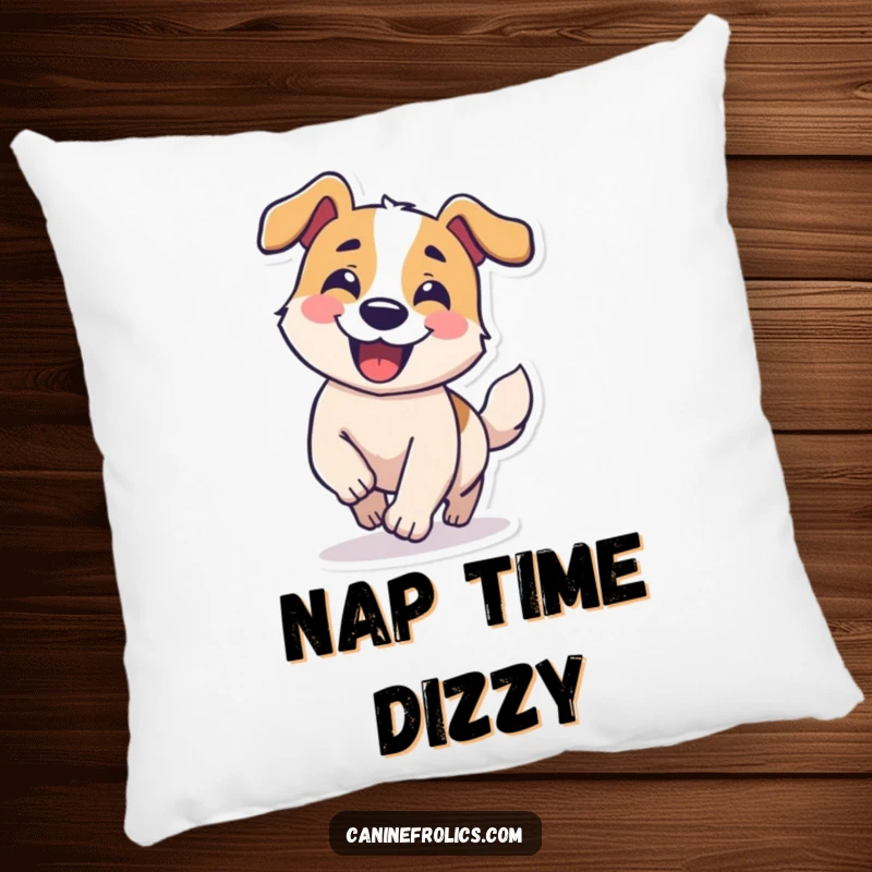 Funny pillow featuring a dog character grinning and chasing its tail in a comical circle, adding silly decor.