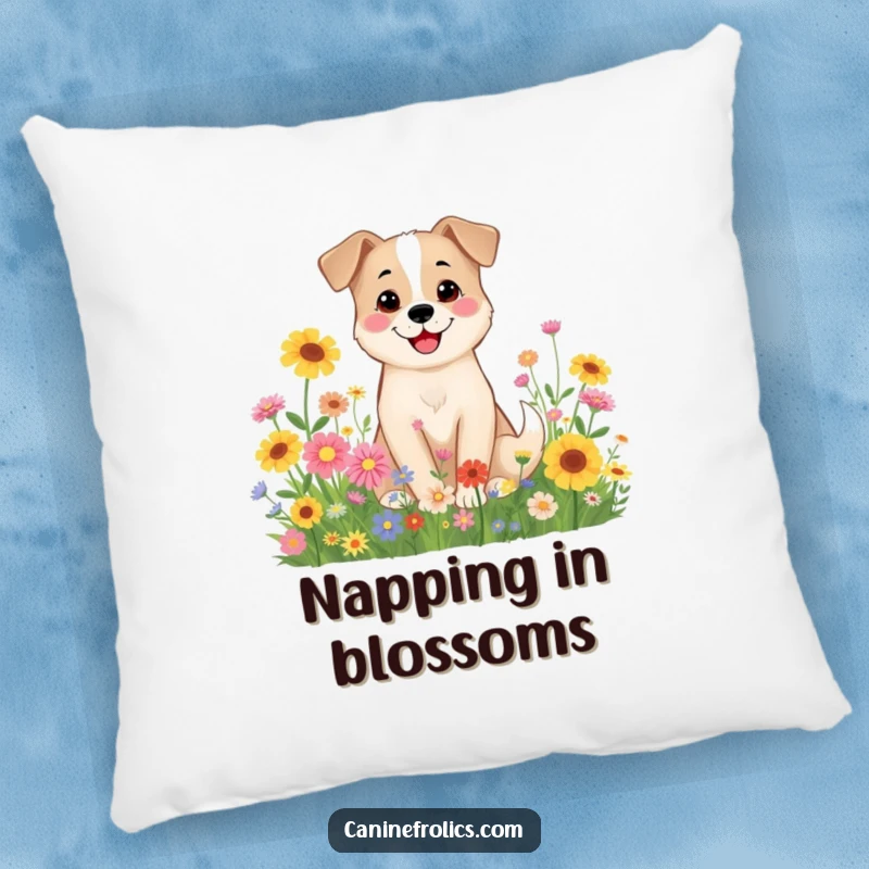 Funny Dog Pillow: A soft pillow featuring a smiling dog character nestled amongst colorful wildflowers, bringing peace.