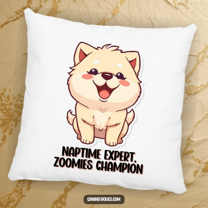 Funny fluffy dog pillow with a big, happy grin and a furiously wagging tail, perfect for adding comfort and cheer to any seating area.
