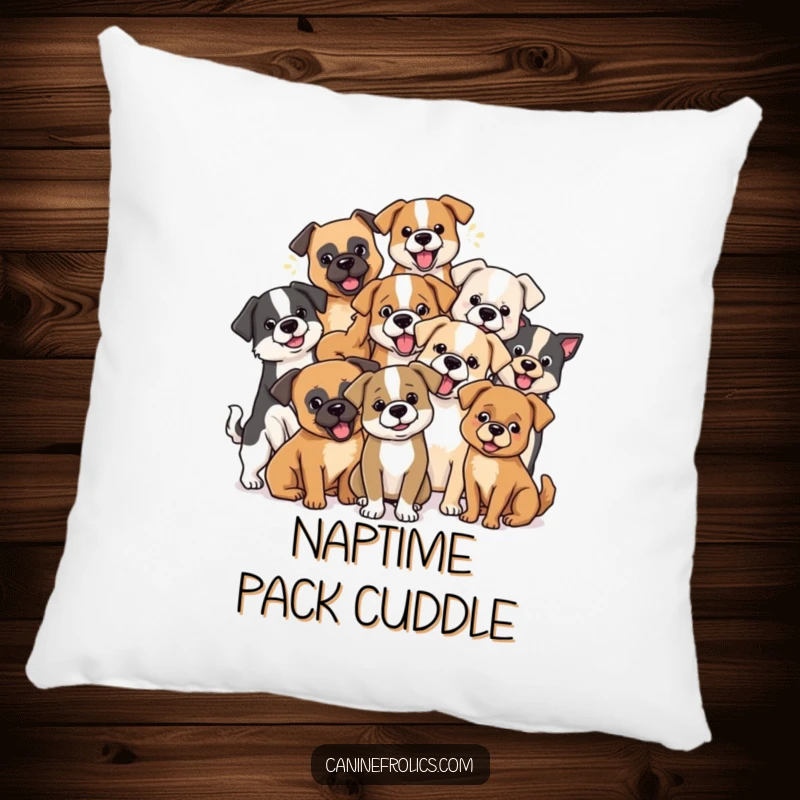 Funny dog pillow featuring a diverse group of dog breeds playfully interacting, perfect for adding comfort and humor.