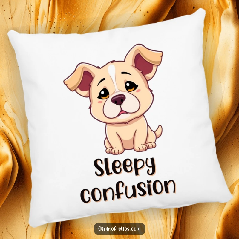 Funny pillow design of a dog with long, floppy ears and a sweetly confused expression, embodying playful bewilderment and charm.