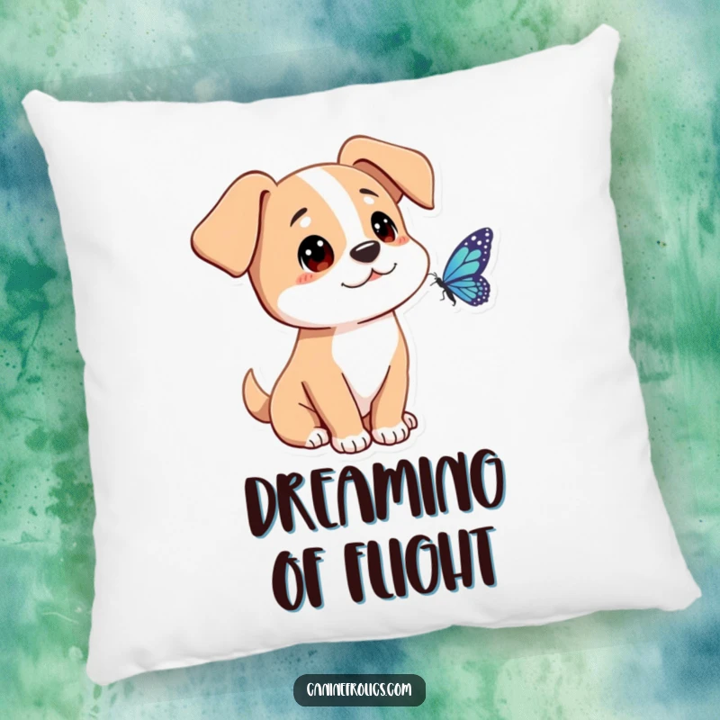 Funny dog pillow showing a character with floppy ears, curiously watching a butterfly, perfect for adding comfort and gentle charm.