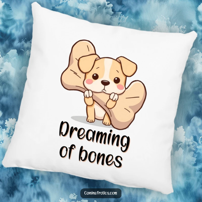 Funny dog pillow showing a character peeking from behind a giant bone, perfect for adding comfort and a touch of playful mystery.