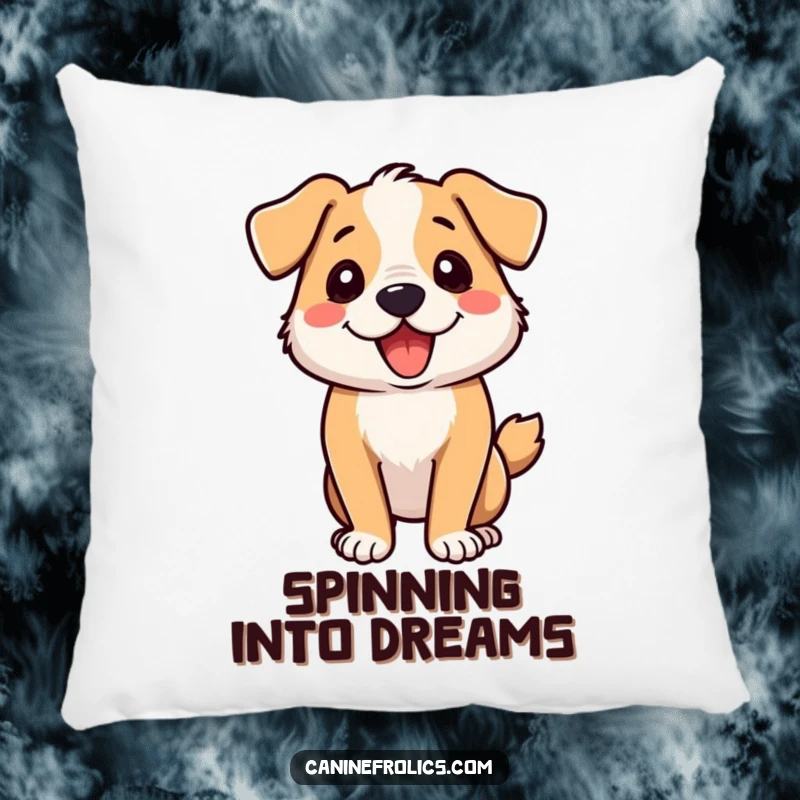 Funny dog pillow showing a dog in a dizzying zoomie spin, radiating energy and joy.