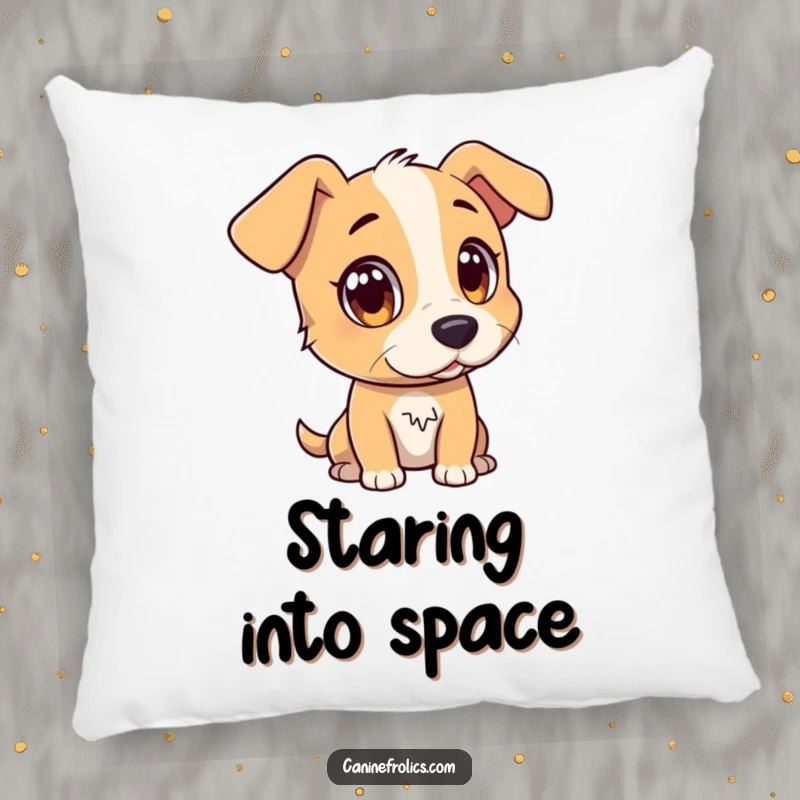 Funny pillow featuring a dog character with wide, attentive eyes, watching a distant, interesting object, adding focused decor.