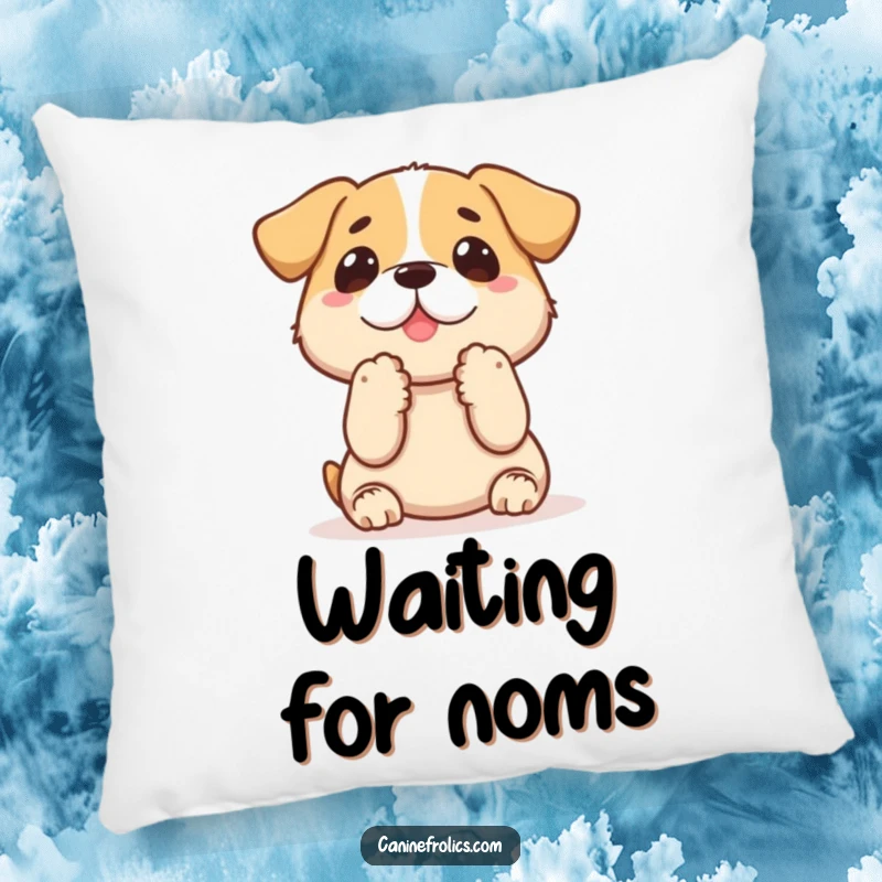 Funny dog pillow with a dog holding its paws up, eyes locked on a treat, bringing a sense of playful anticipation to any space.