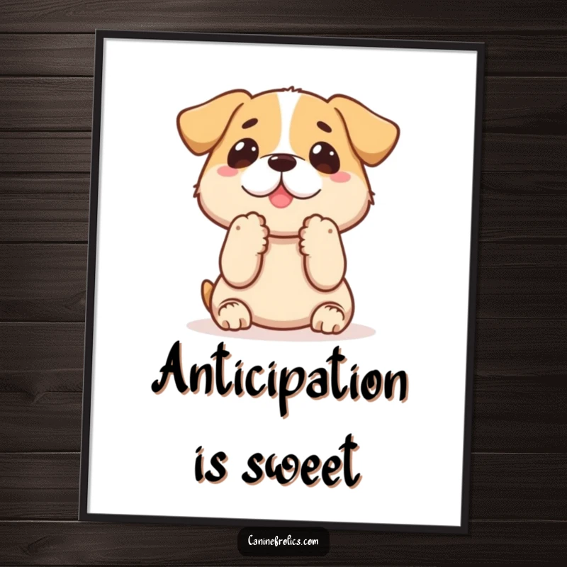 Funny dog digital art print of a dog with paws up, looking with intense anticipation at a treat, embodying pure joy.