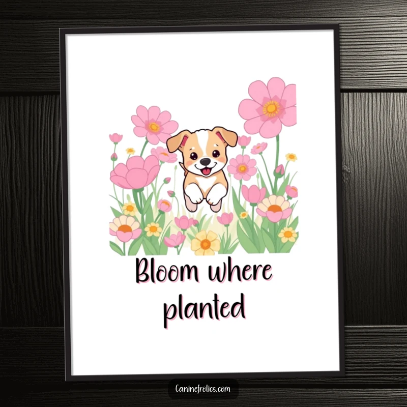 Funny digital art print of a tiny dog puppy leaping joyfully through a surreal landscape filled with gigantic, colorful flowers, capturing pure bliss.