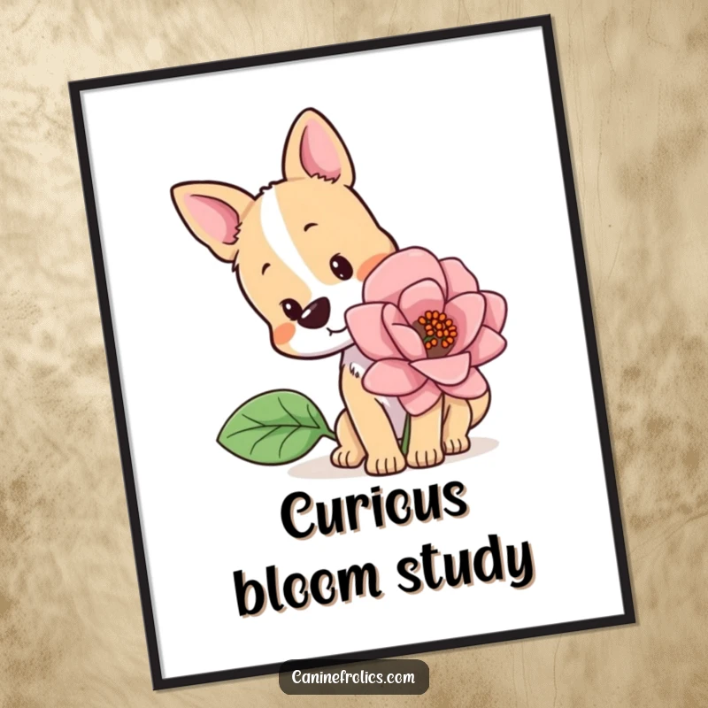 Funny digital art print of a dog with a curious head tilt, sniffing a strikingly large flower, evoking a sense of gentle wonder and discovery.