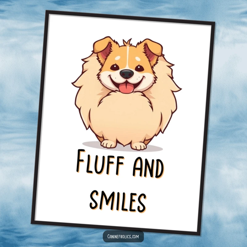 Funny digital art print of a dog's comically large smile peeking from behind its giant, fluffy tail, offering instant cheer.