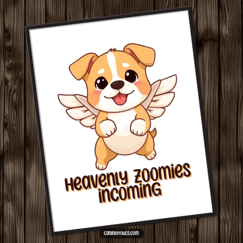 Funny angel dog digital art print of a small dog with tiny wings leaping joyfully through the air, expressing whimsical, humorous delight.