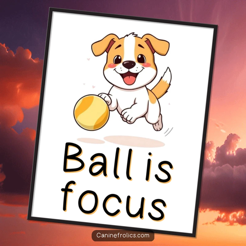 Funny digital art print of a dog joyfully chasing a bouncing ball, offering instant energetic and humorous visual appeal.