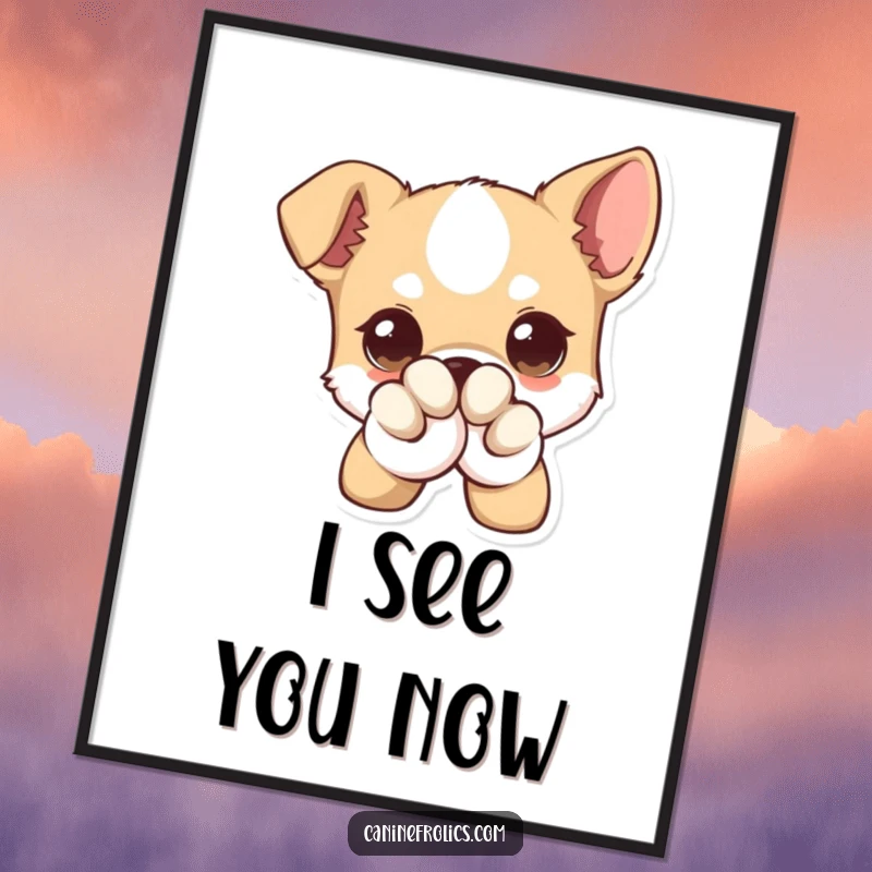 Funny Digital Art Print of a dog with exaggeratedly large eyes, winking playfully behind its paw, adding a touch of comic joy.