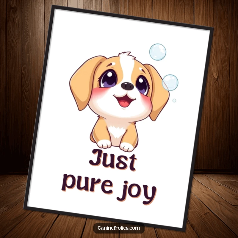 Funny dog digital art print showing a delighted dog watching colorful bubbles float by, perfect for adding humor and enchantment.
