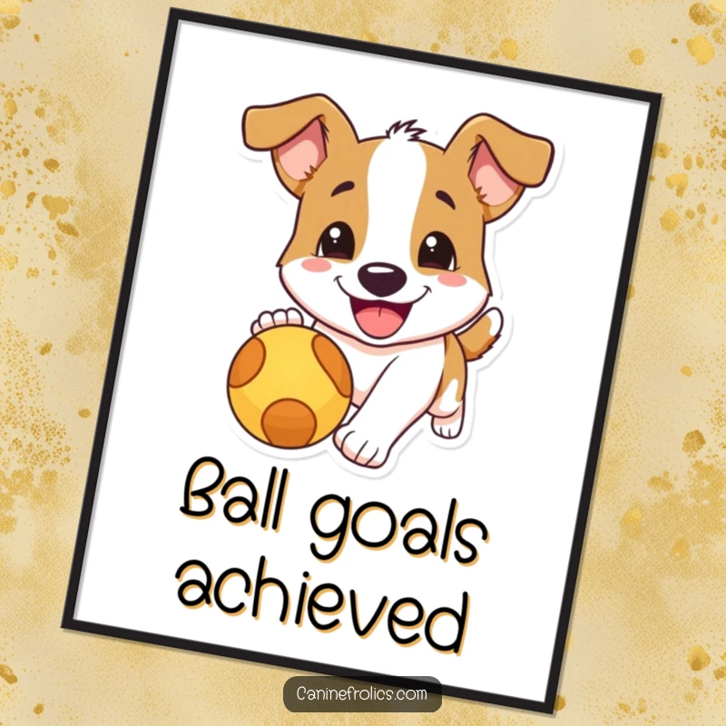 Funny dog digital art print of a happy dog with a huge smile chasing a red ball, radiating playful energy and humorous delight.