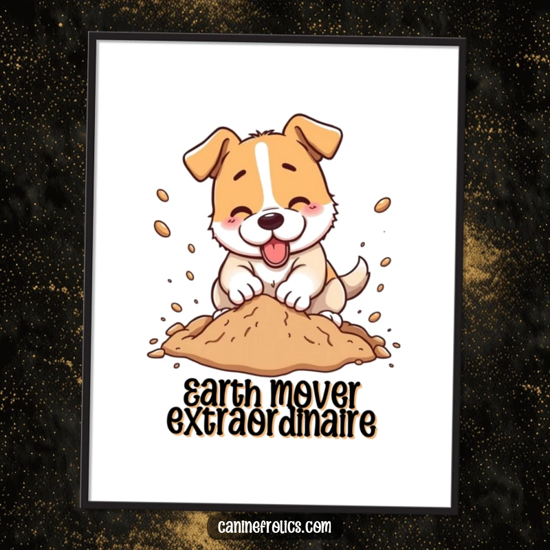 Funny dog digital art print, a dog character digging with dirt flying, instant download for energetic decor.