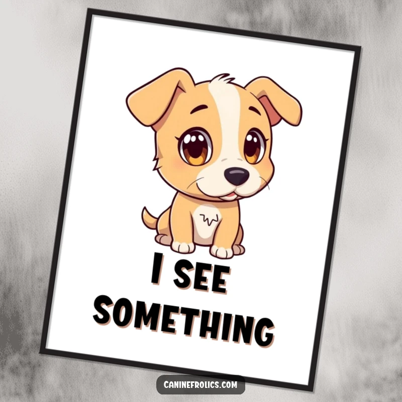 Funny digital art print of a dog character with wide, attentive eyes, watching a distant, interesting object, conveying intense focus.