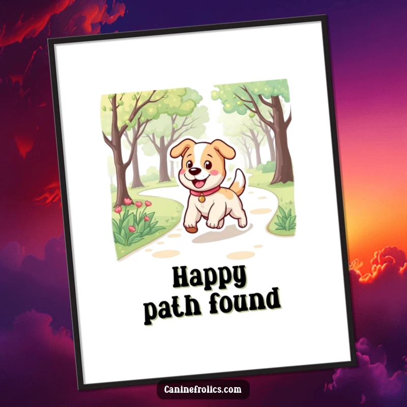 Funny digital art print of a dog character with a bouncy stride, happily trotting along a park path, full of infectious energy.