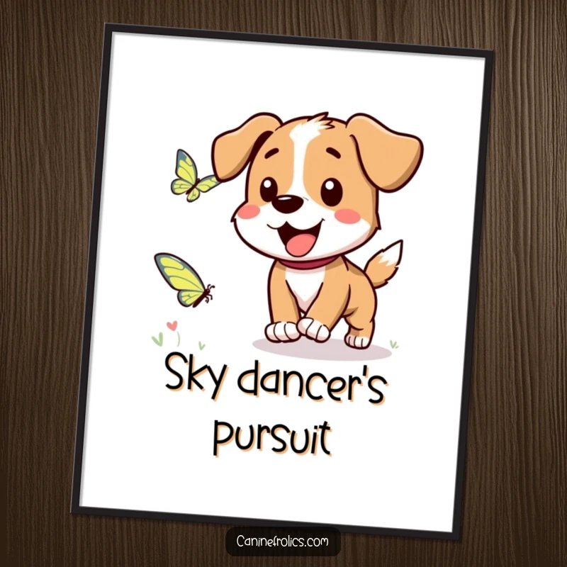 Funny Dog Digital Art Print: A dog character joyfully chasing a fluttering butterfly, capturing a moment of playful outdoor fun.