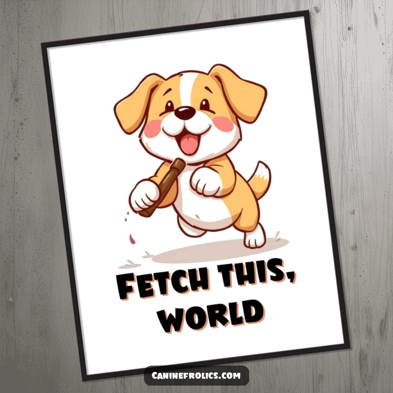 Funny dog digital art print of a dog in full sprint, joyfully chasing a thrown stick.