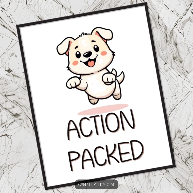 Funny digital art print of a simplified dog outline with energetic paws frozen mid-leap, embodying pure movement and fun.